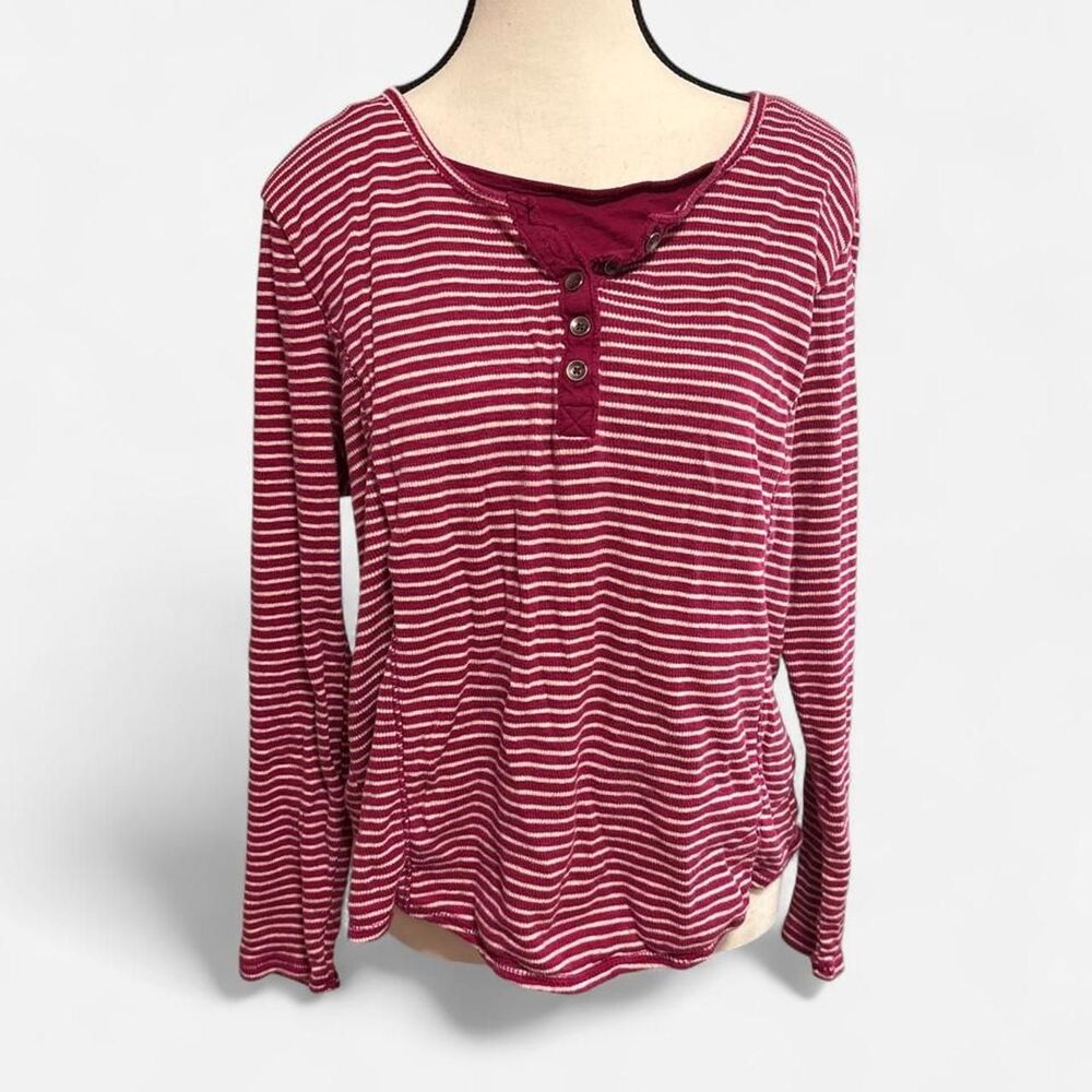 Sonoma Women's Burgundy and White Striped Henley Shirt XL